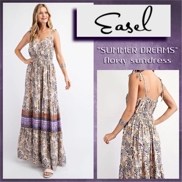 easel Dresses & Skirts - EASEL "Summer Dreams" Sexy Tiered Flowy Maxi Dress Smocked Waist Self-Tie Straps